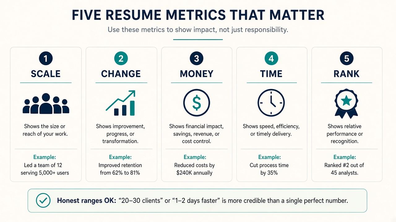 Five metric types: scale change money time rank with honest estimate notes