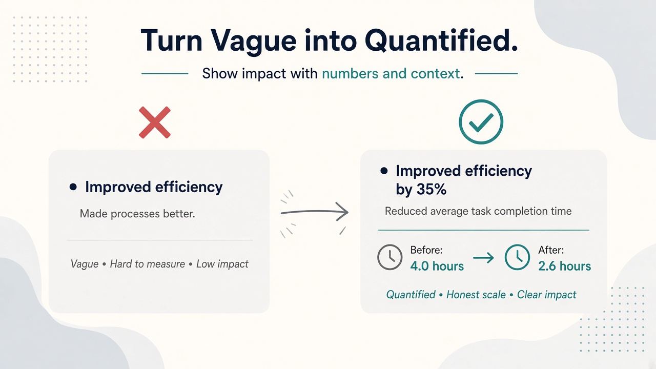 Vague duty bullet versus the same work with honest scale time and before-after numbers