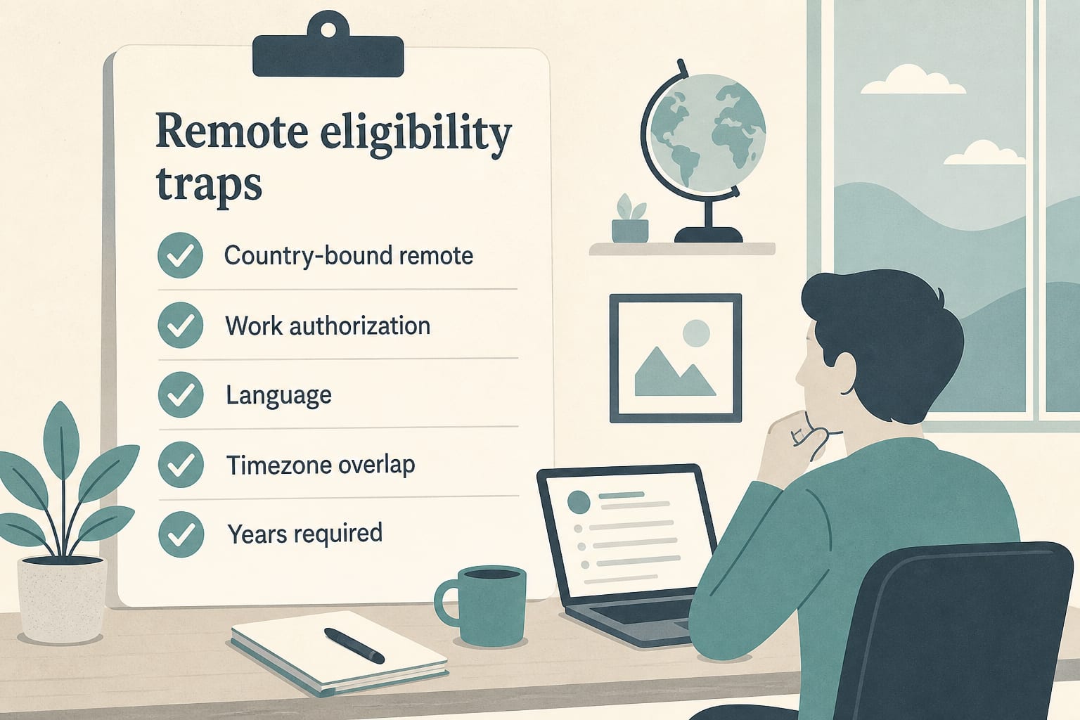 Checklist card of five remote eligibility traps: location, visa, language, timezone, years of experience