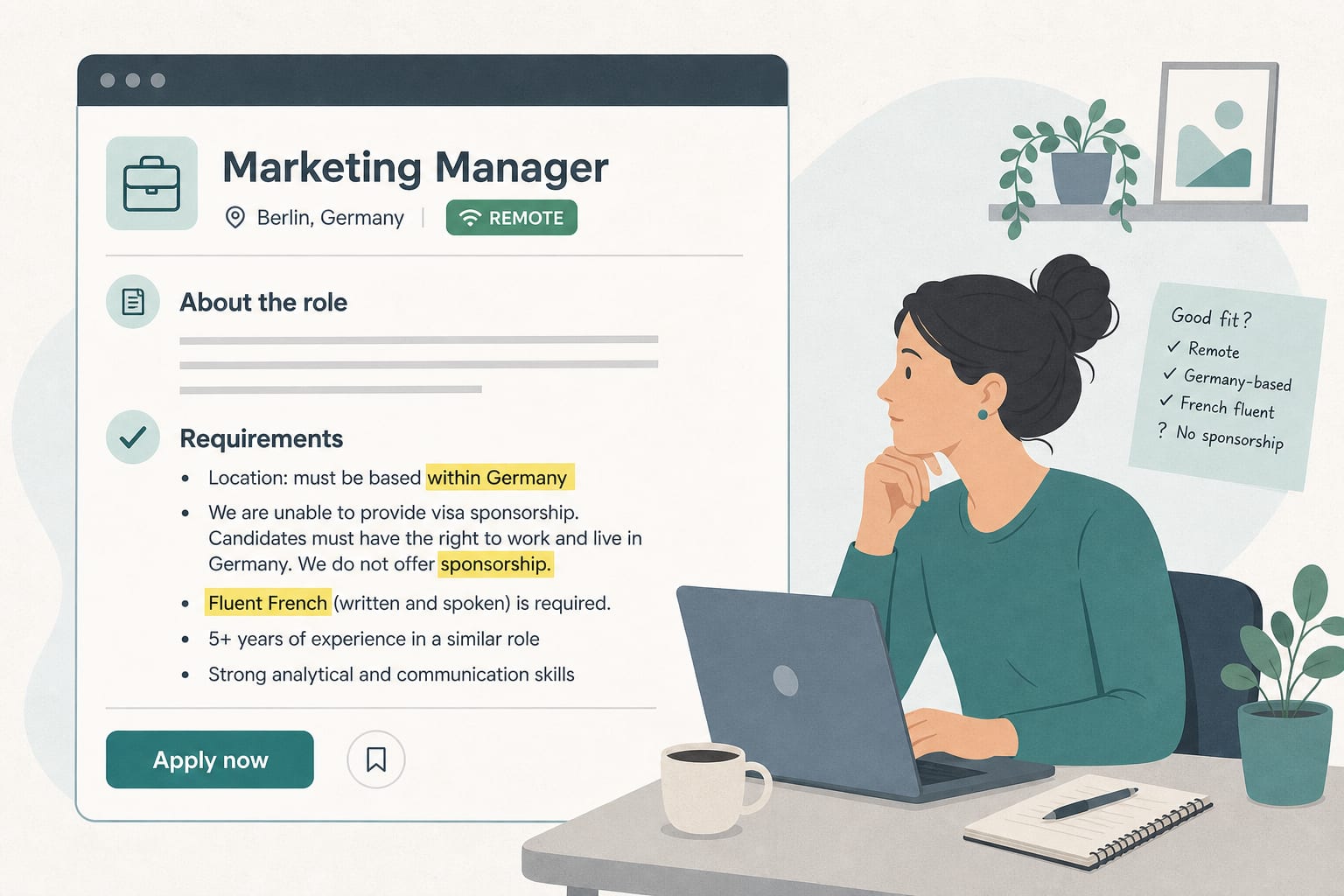 Remote job listing with hidden residency and visa lines highlighted away from the skills section