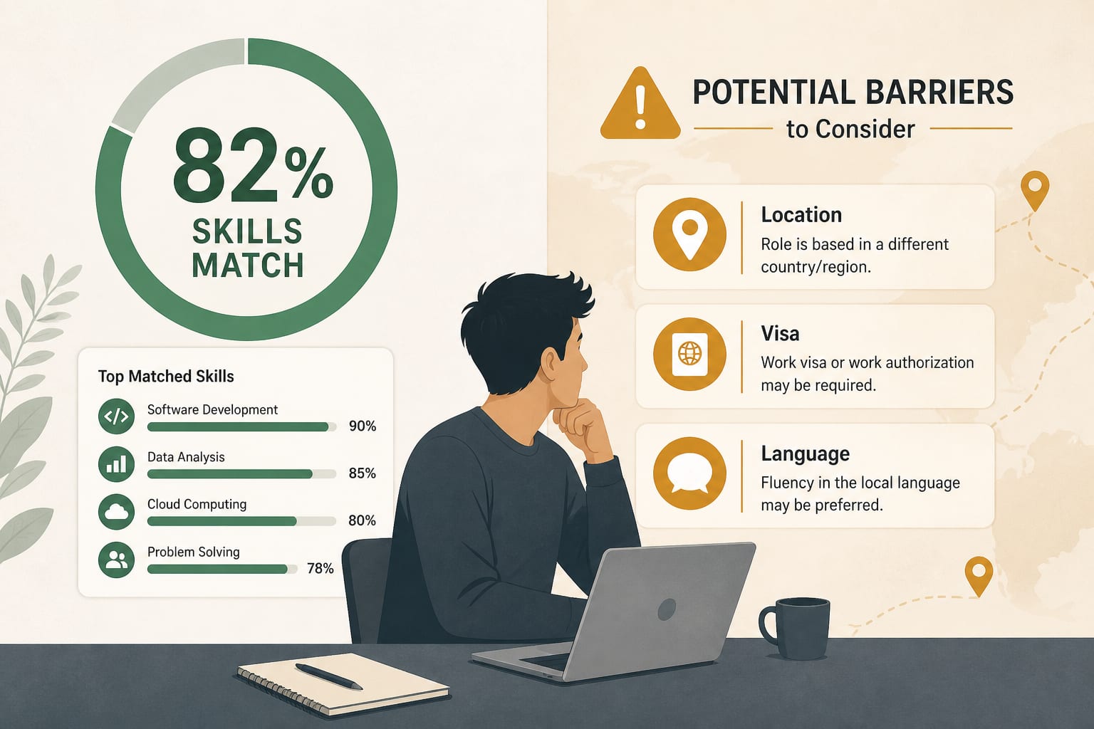 Skills match score beside eligibility warnings for location and sponsorship on a remote job