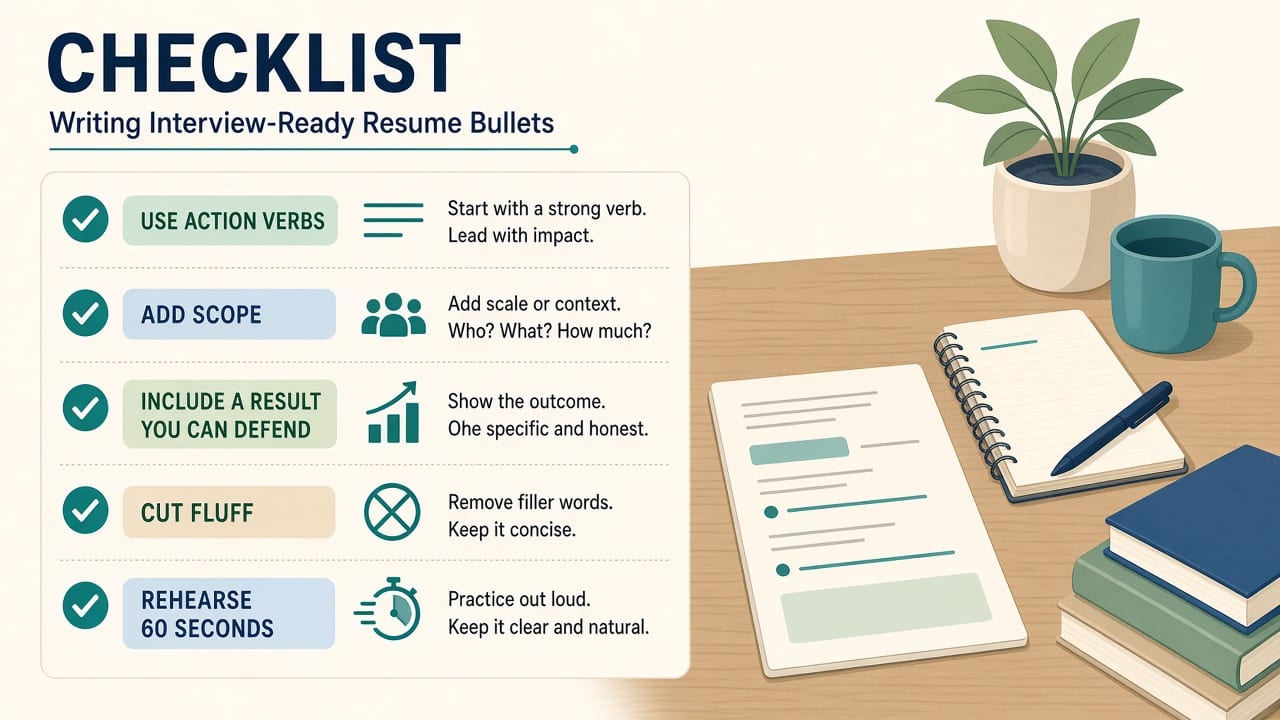 Checklist: action plus scope, defensible result, cut fluff, 60-second rehearse