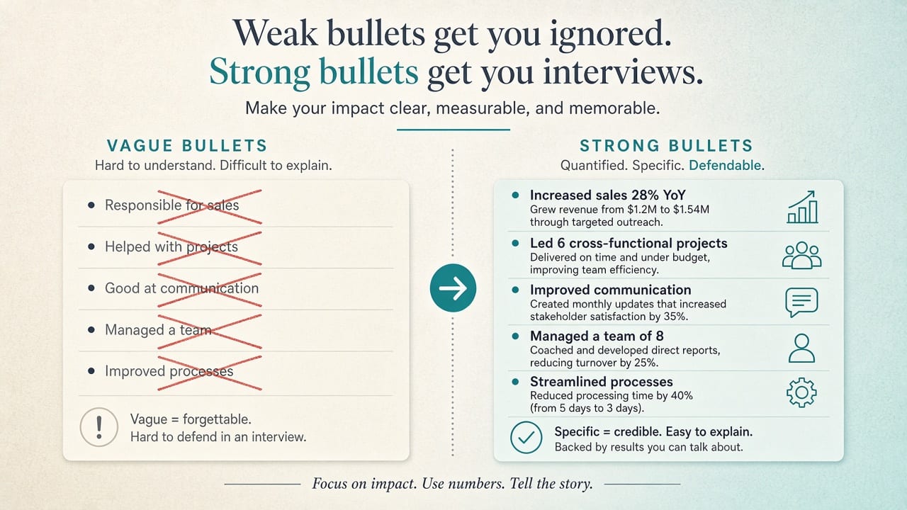 Vague resume bullets versus clear interview-ready achievement bullets