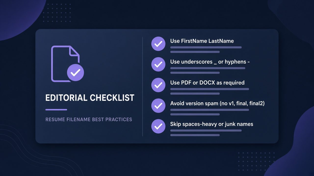 Checklist: name first, Resume label, clean separators, correct extension, no version spam