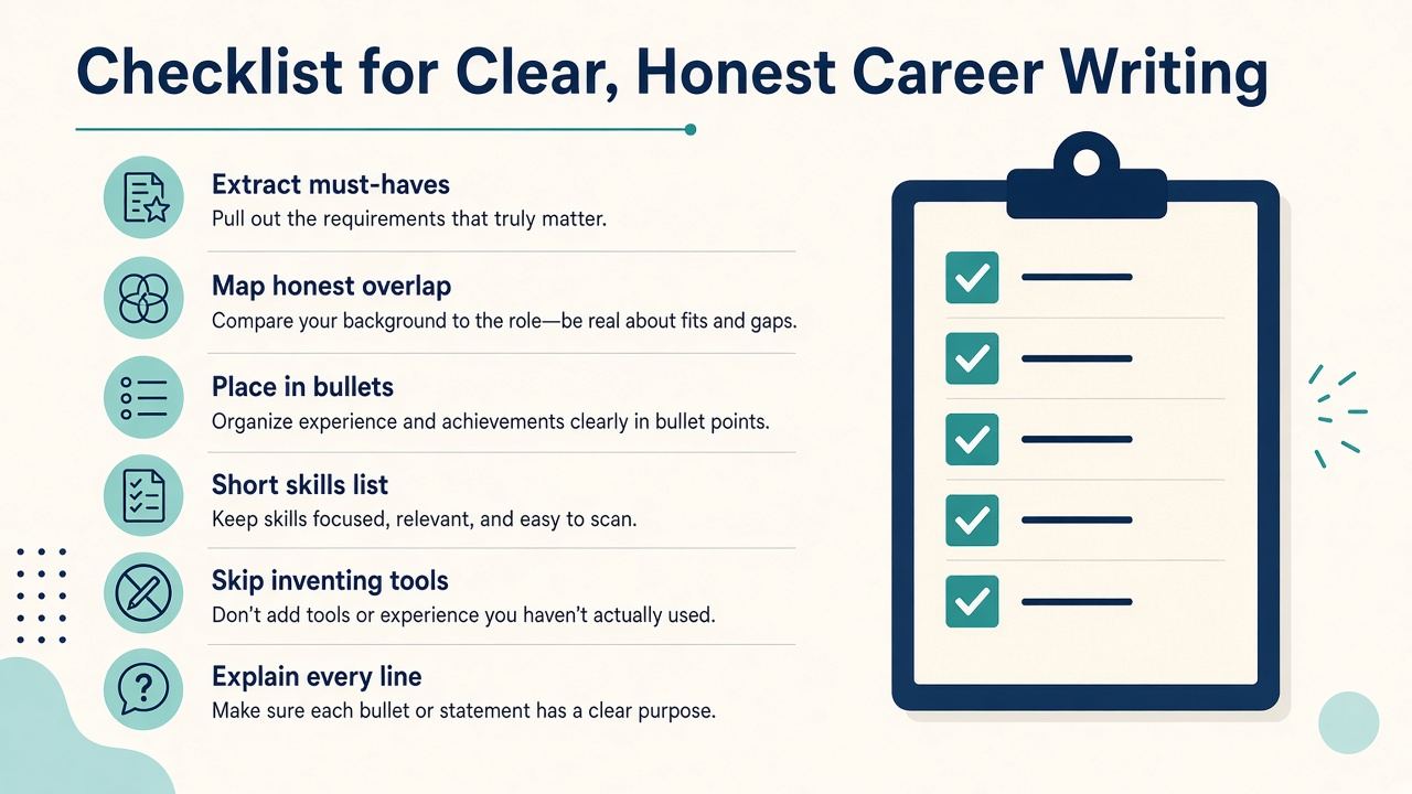 Checklist: extract must-haves, map honest overlap, place in bullets, skip inventing tools
