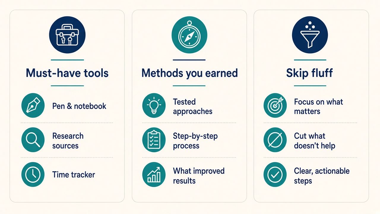 Three keyword buckets: must-have tools, methods, skip fluff