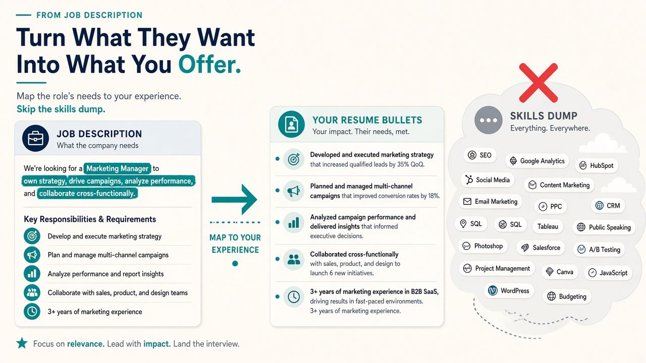 Job description keyword list mapping into honest resume bullets and skills versus a stuffed skills dump