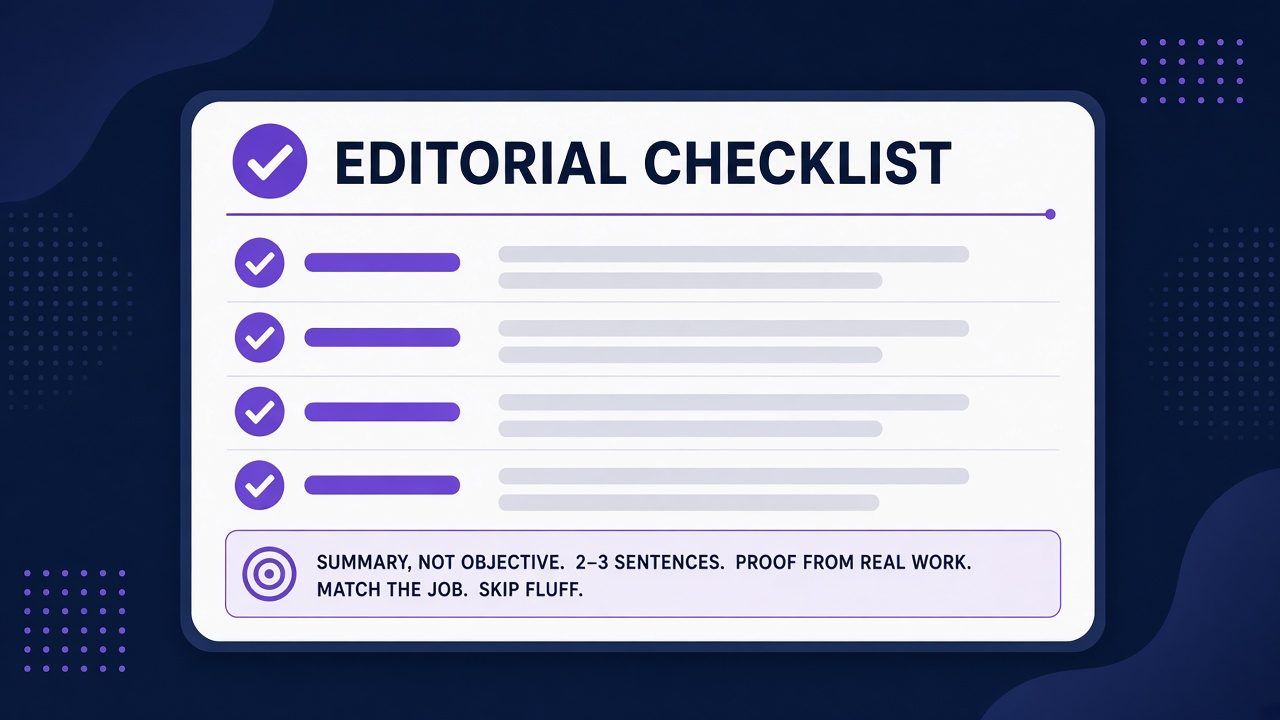 Checklist: use a summary, skip dual headings, two to three sentences, real proof