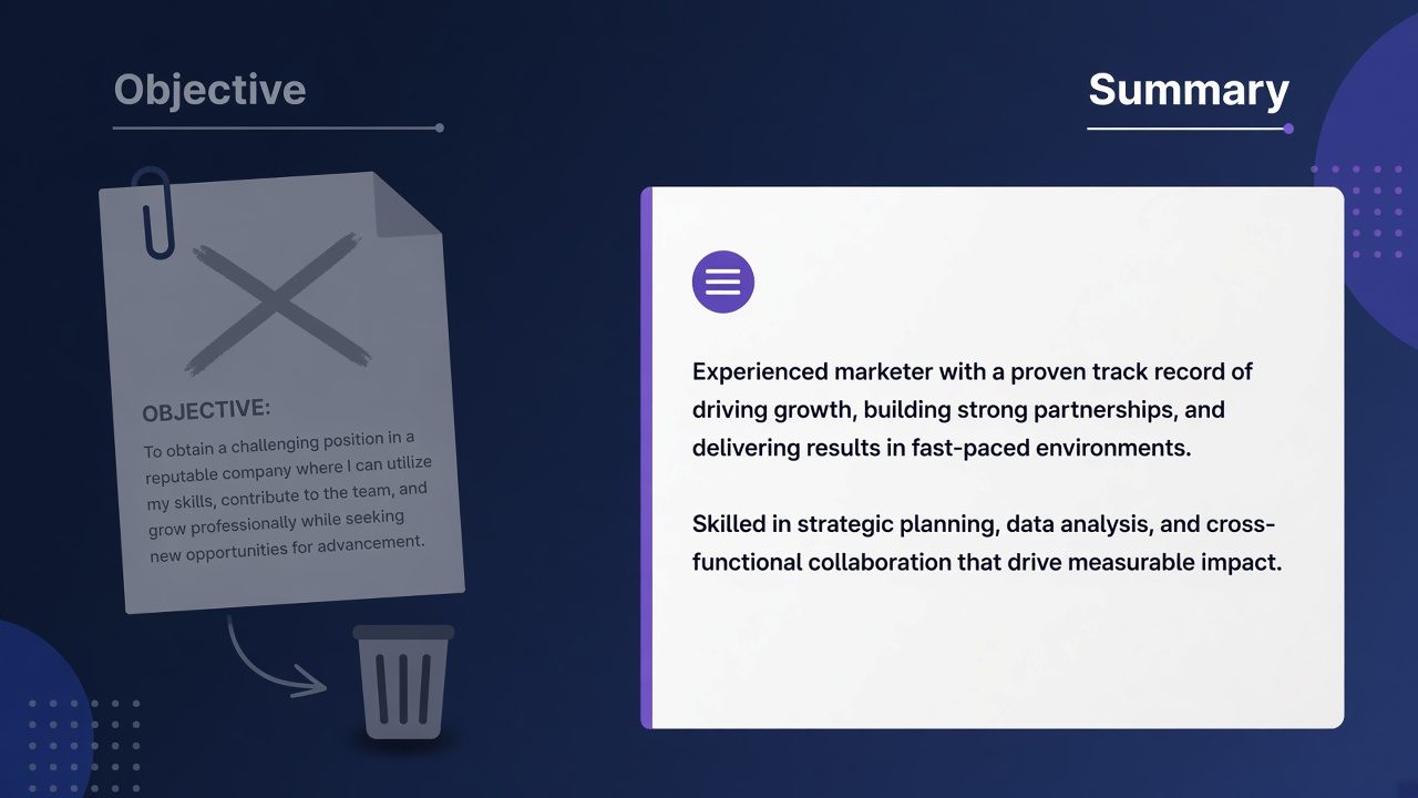 Resume objective paragraph discarded next to a short professional summary
