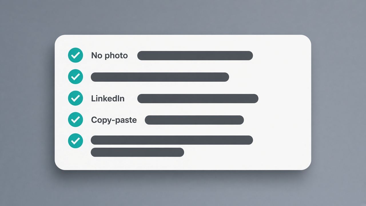 Checklist: market rules, no ATS photo by default, LinkedIn for headshot, copy-paste pass