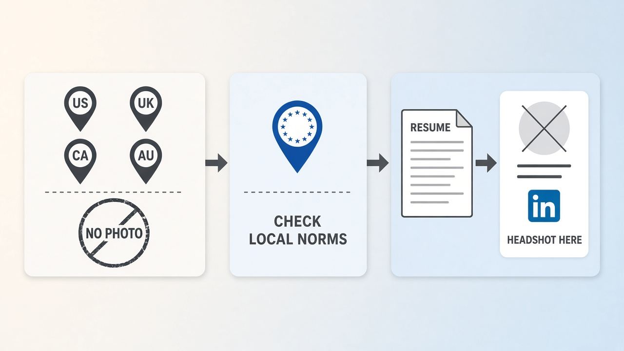 Decision map: no photo for US UK CA AU, photo only when local market or posting expects it