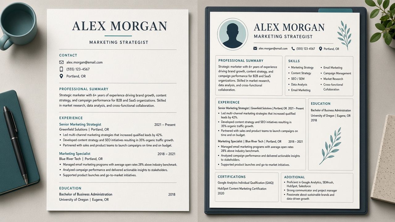 Clean text resume without a headshot next to a photo CV that fails ATS layout