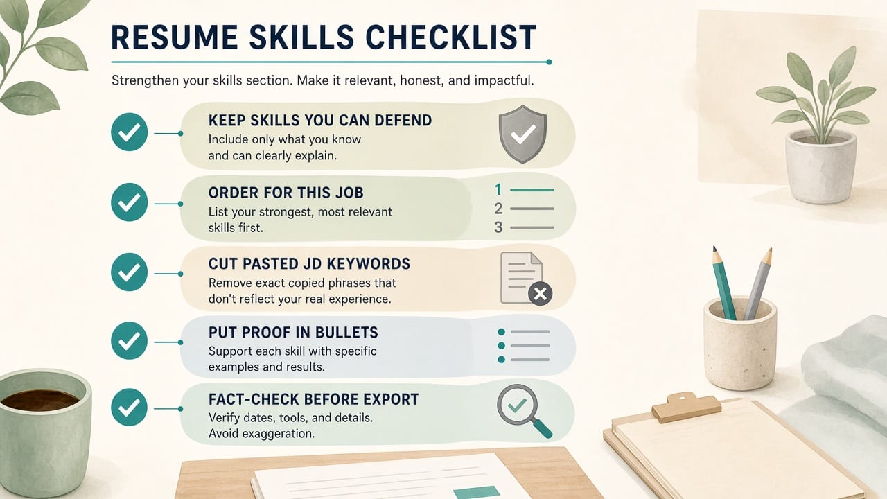 Checklist: real skills, order for the job, no JD paste, proof in bullets
