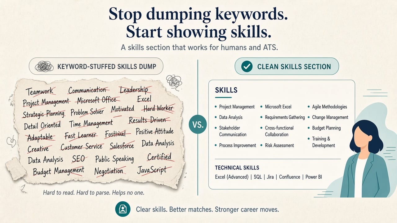 Keyword-stuffed skills dump versus a clean ordered resume skills section