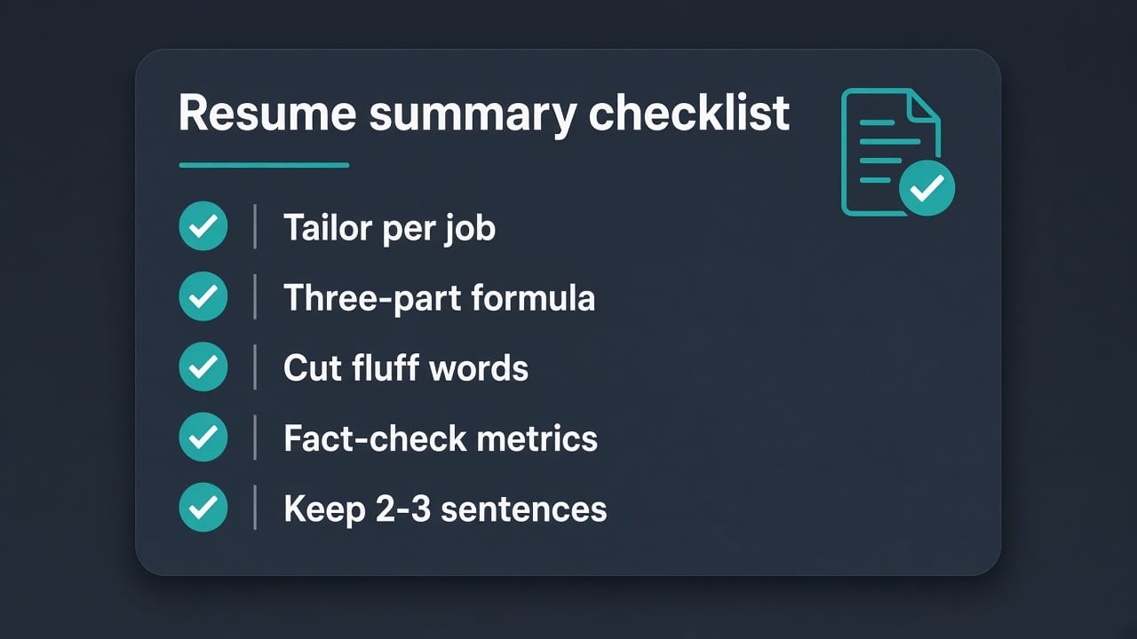 Checklist: tailor per job, three-part formula, cut fluff, fact-check