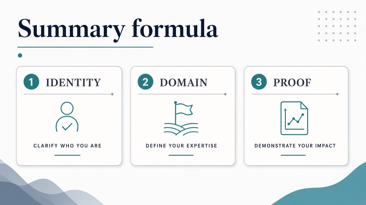 Three-part resume summary formula: identity, domain, proof