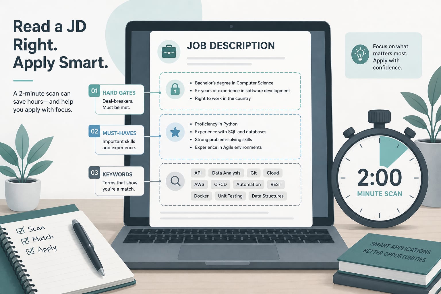 Two-minute job posting scan: hard gates, must-haves, then skills