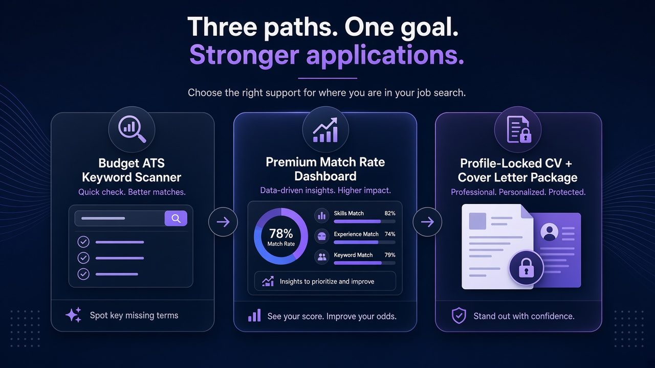 Three paths: budget keyword scanner, deep Match Rate scanner, profile-locked application package