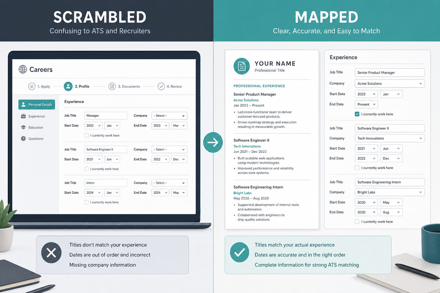 SmartRecruiters application with scrambled parsed fields versus a clean mapped resume