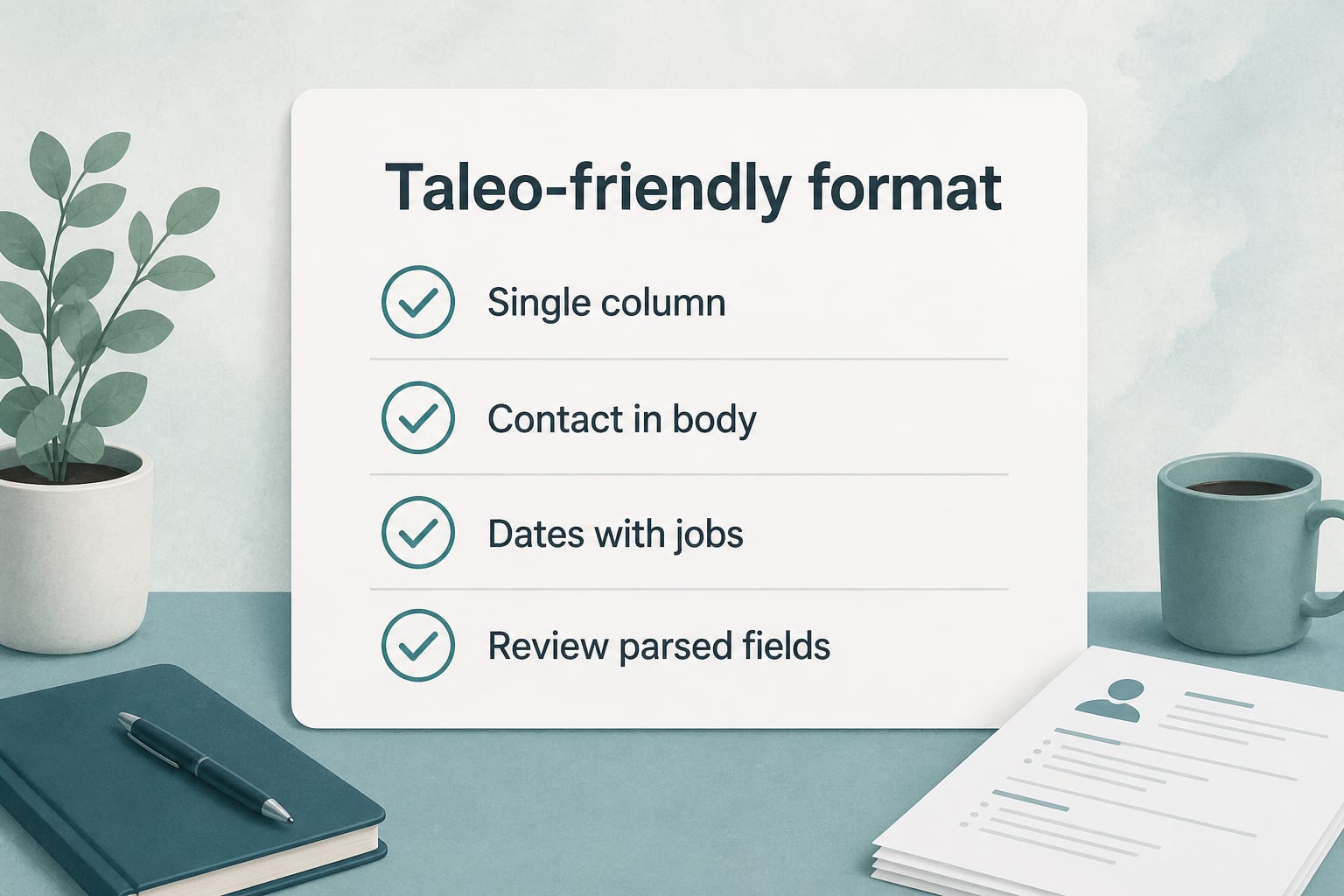 Taleo-friendly checklist: single column, contact in body, dates with jobs, review parsed fields