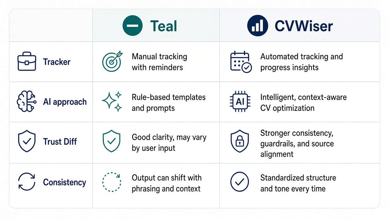 Side-by-side comparison: Teal tracker workspace versus CVWiser profile-locked packages
