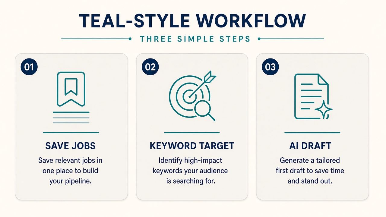 Teal-style workspace: job board, keyword targeting, AI resume drafts