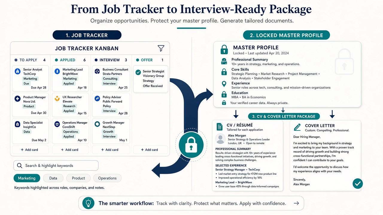 Fork between a Teal-style job tracker with keyword AI and a CVWiser profile-locked application package