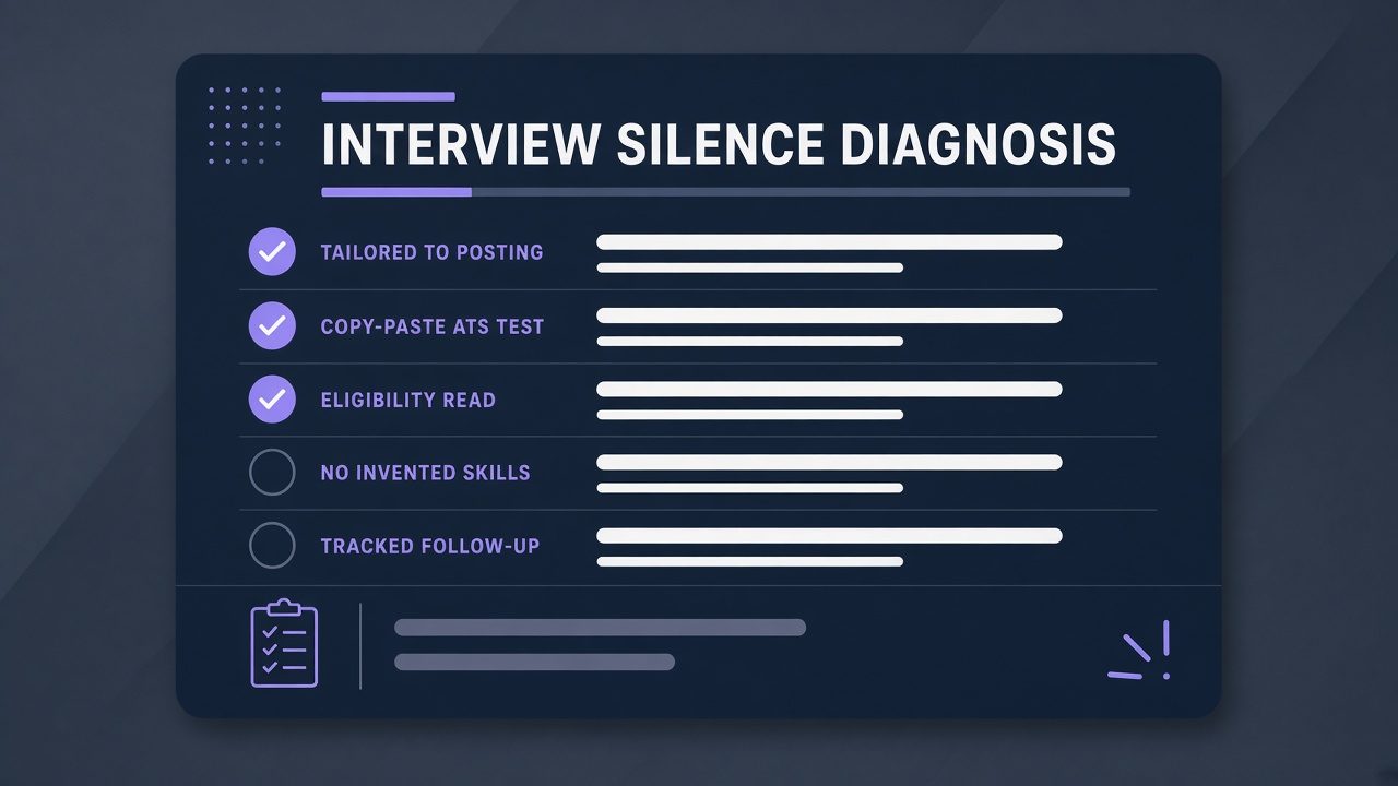Checklist for interview silence: parse, tailor, eligibility, honesty, track follow-up