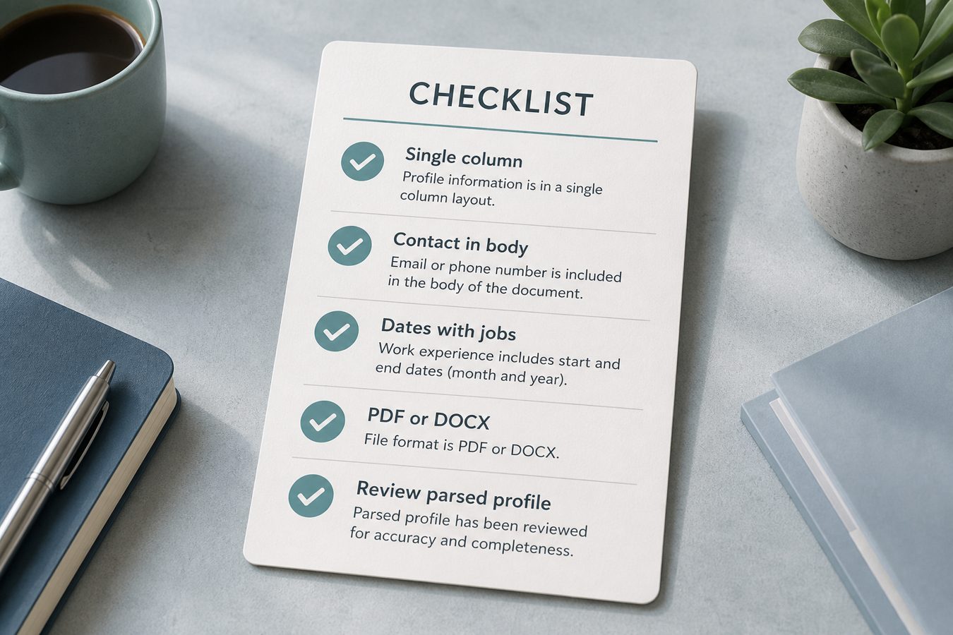 Workday-friendly checklist: single column, contact in body, dates with jobs, review parsed profile