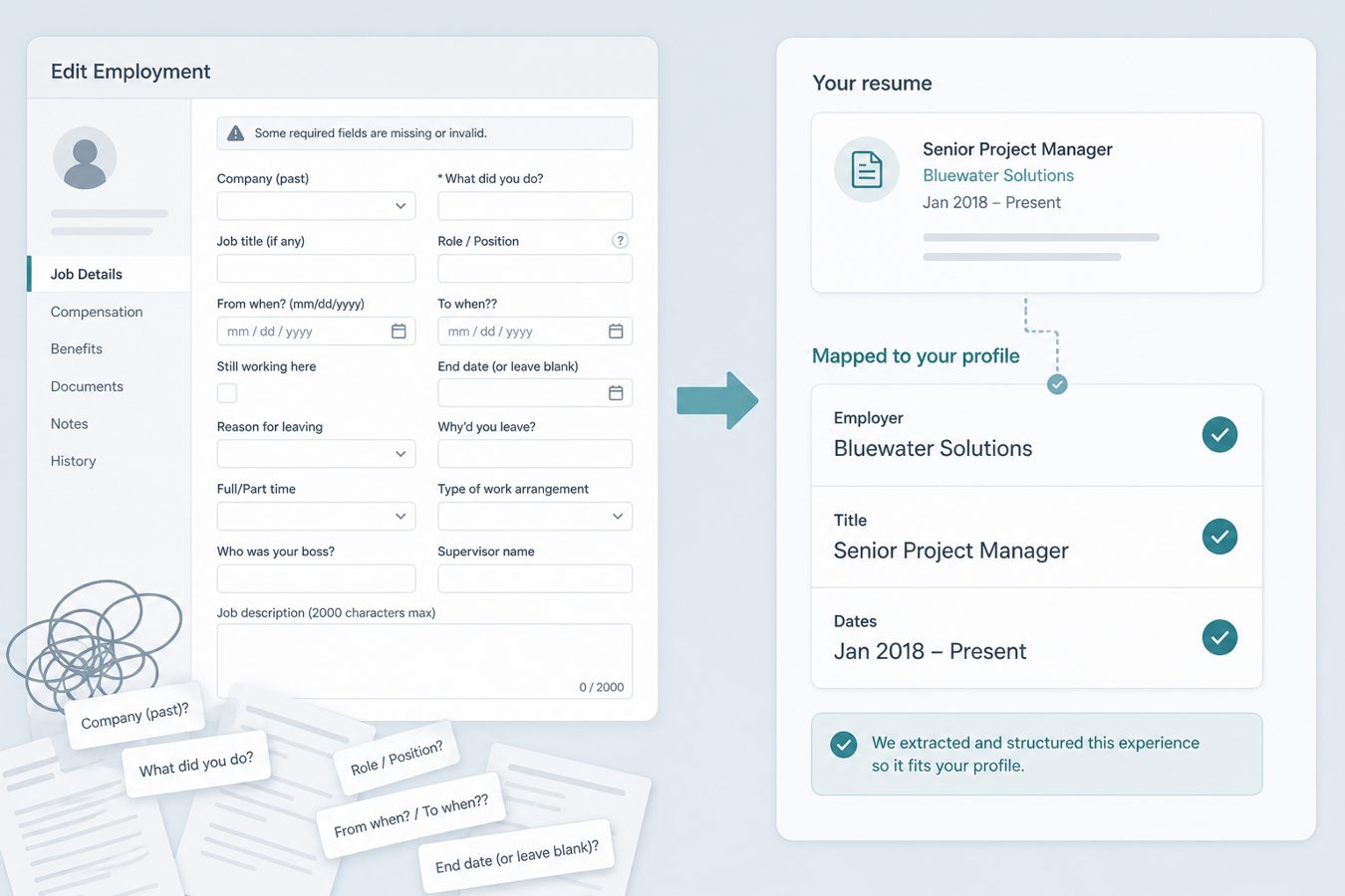 Workday profile with scrambled empty job fields versus a clean mapped resume